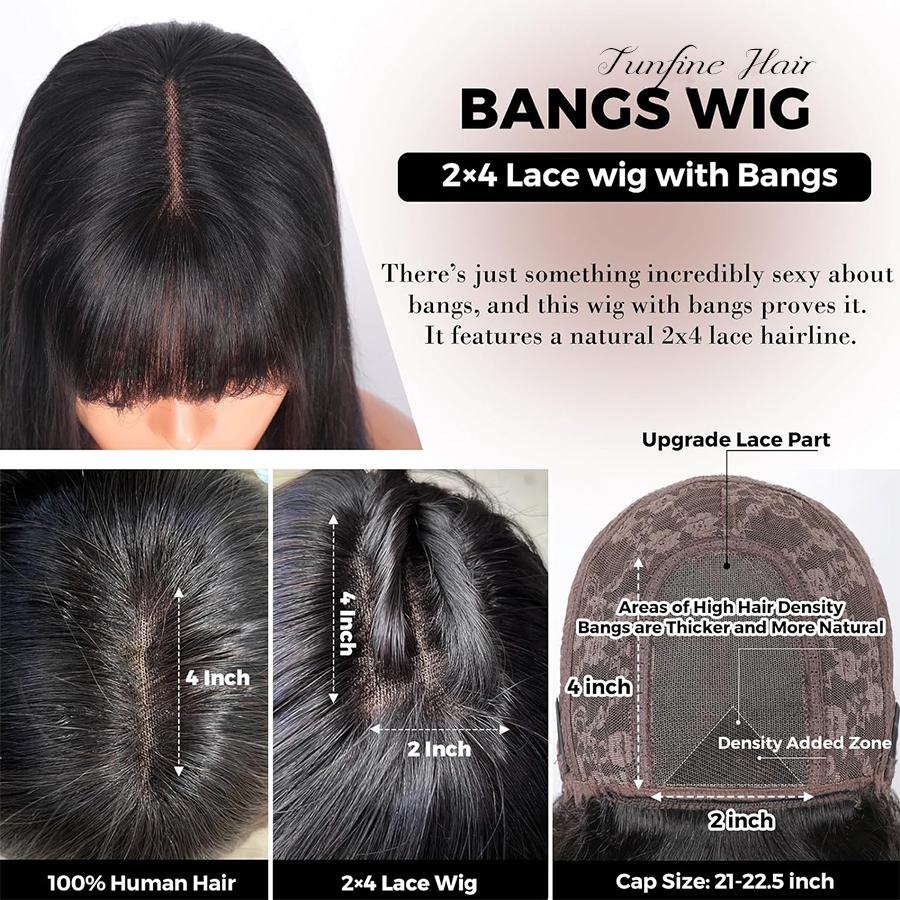 Tunfine Glueless Wig With Bangs Straight Human Hair Wigs For Women 180% Density 2x4 Lace Wigs Middle Part