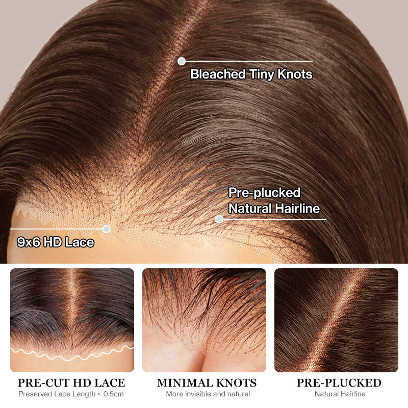 Tunfine Chocolate Brown Straight Human Hair Wigs For Women #4 Ready To Wear Glueless Wig Pre Plucked Hairline Bleached Knots 6x9 Lace 200% Density