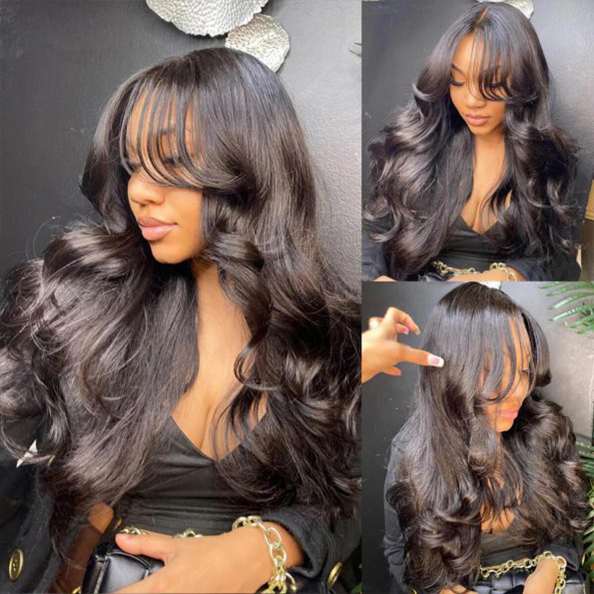 Curtain Bangs Face Framing / 6*9 Lace Wear & Go Glueless / #4 Chocolate Brown / Natural Color Body Wave Wig