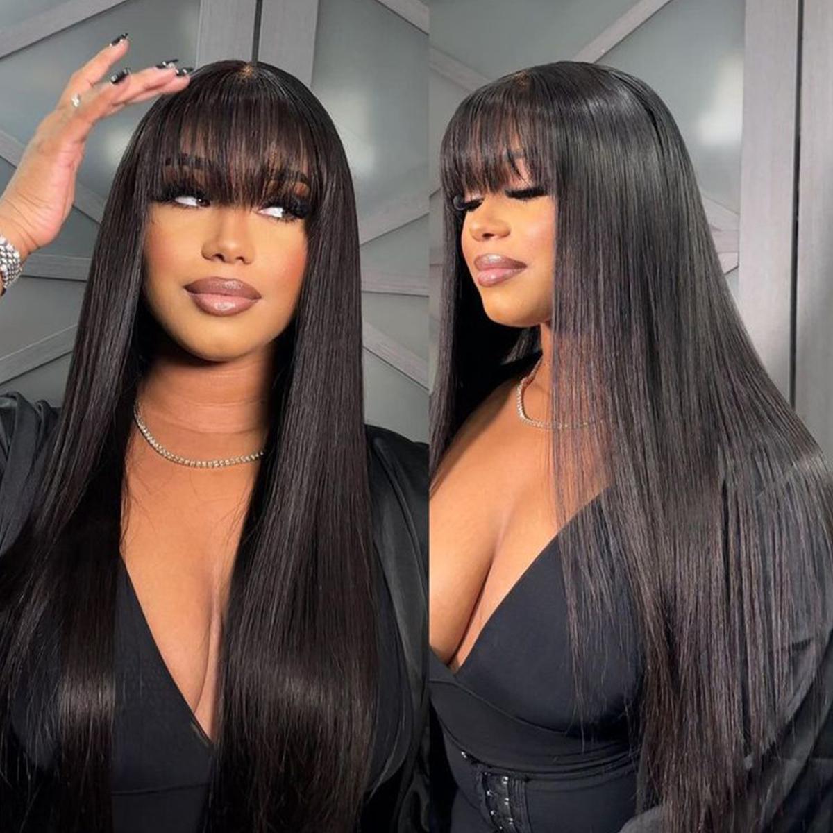 Tunfine Glueless Wig With Bangs Straight Human Hair Wigs For Women 180% Density 2x4 Lace Wigs Middle Part