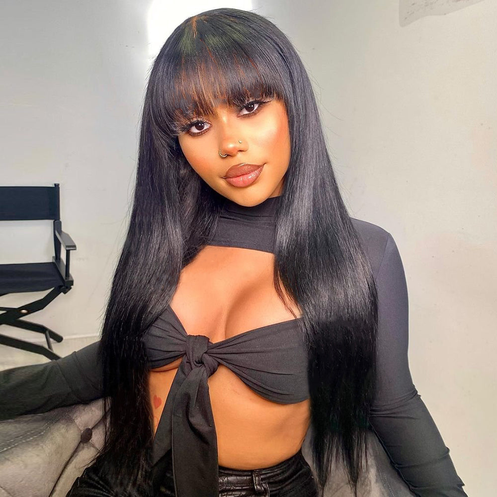 Tunfine Glueless Wig With Bangs Straight Human Hair Wigs For Women 180% Density 2x4 Lace Wigs Middle Part