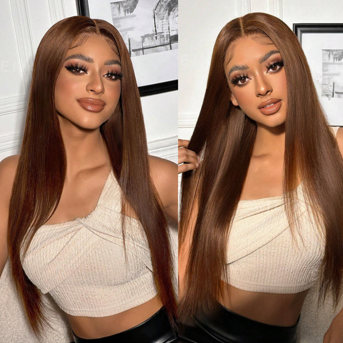 Tunfine Chocolate Brown Straight Human Hair Wigs For Women #4 Ready To Wear Glueless Wig Pre Plucked Hairline Bleached Knots 6x9 Lace 200% Density