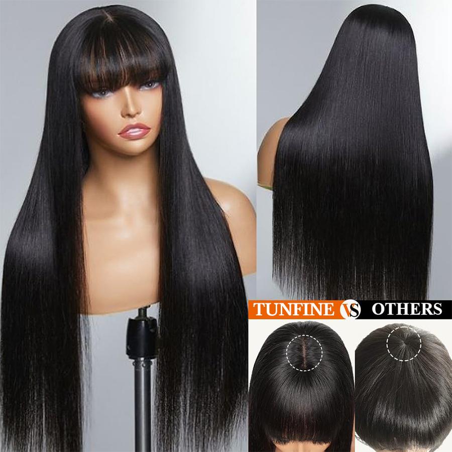 Tunfine Glueless Wig With Bangs Straight Human Hair Wigs For Women 180% Density 2x4 Lace Wigs Middle Part