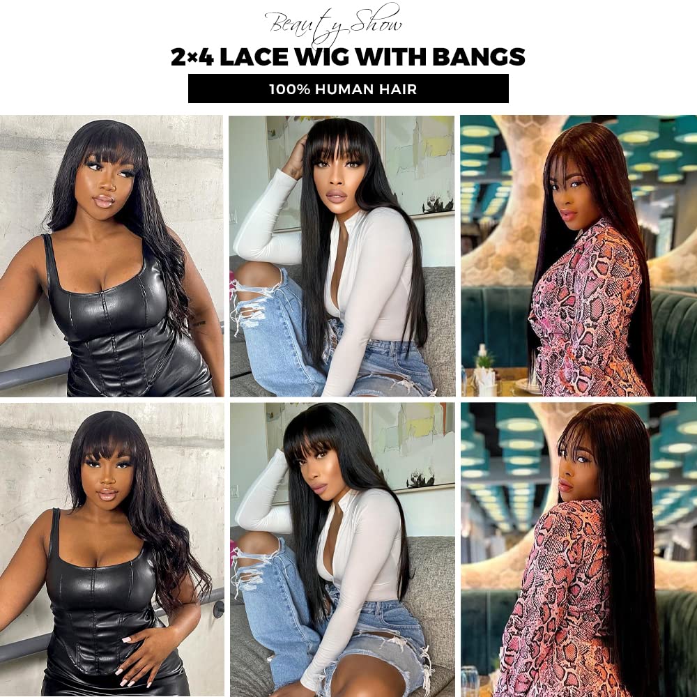 Tunfine Glueless Wig With Bangs Straight Human Hair Wigs For Women 180% Density 2x4 Lace Wigs Middle Part