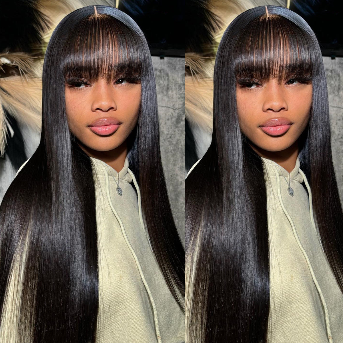 Tunfine Glueless Wig With Bangs Straight Human Hair Wigs For Women 180% Density 2x4 Lace Wigs Middle Part